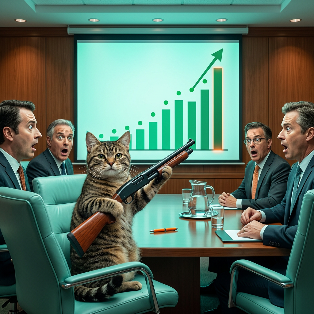 Pump Cat commanding a corporate boardroom