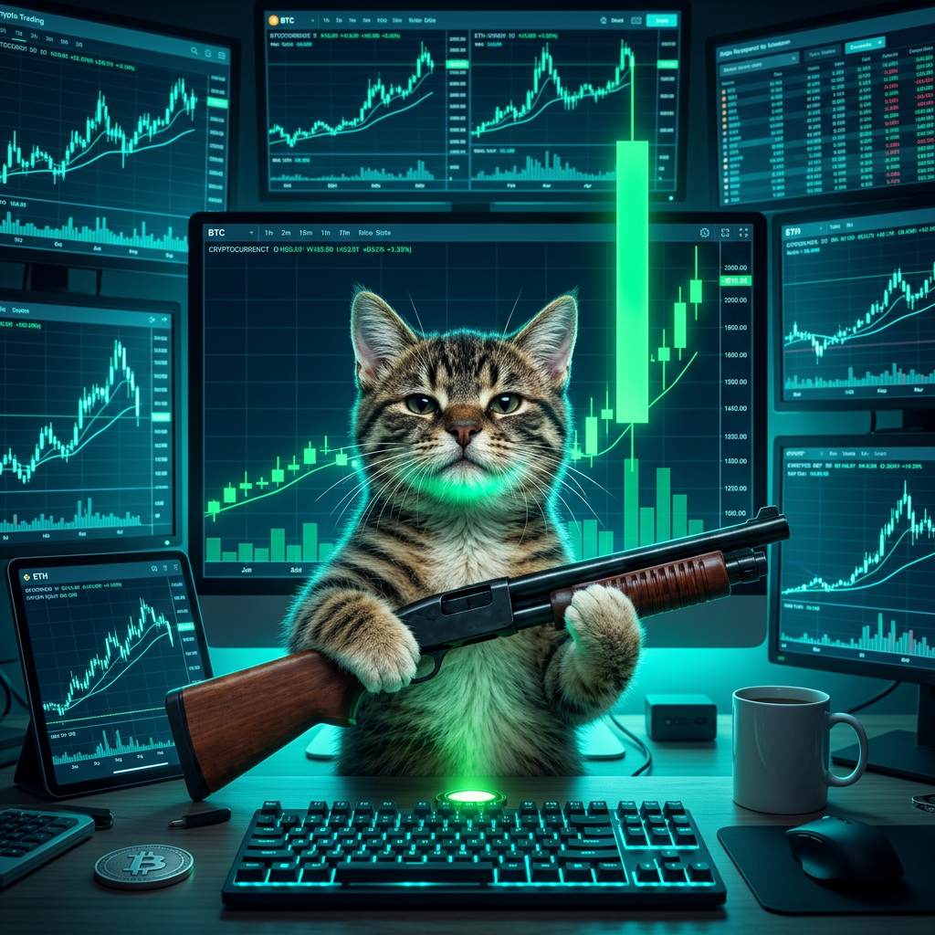 Pump Cat guarding a wall of market charts