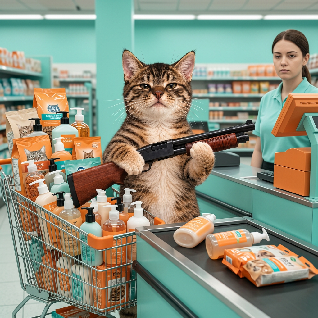 Pump Cat at a busy supermarket checkout
