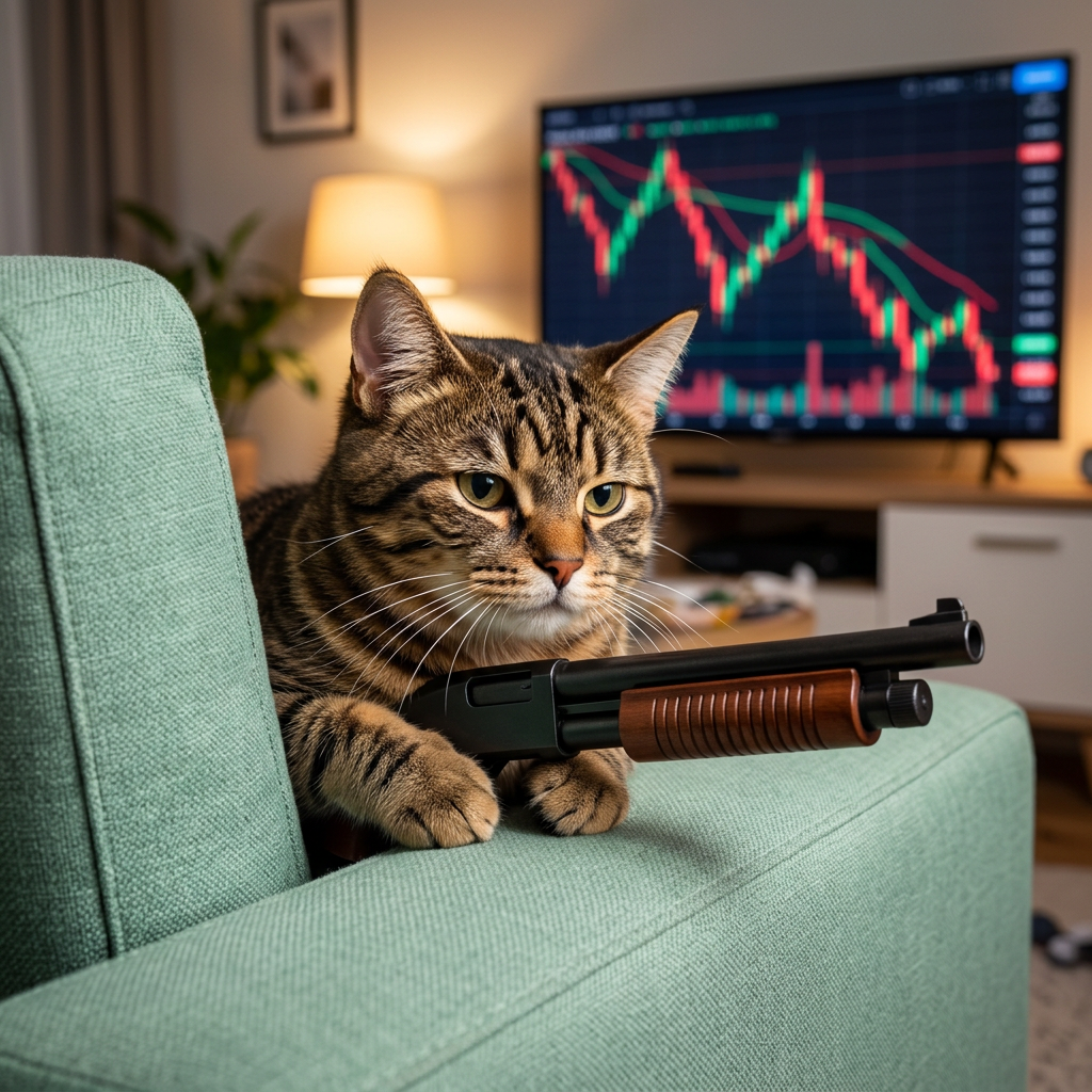 Pump Cat crouching behind a sofa while watching charts