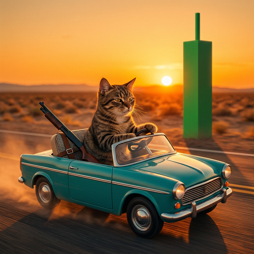 Pump Cat driving toward a giant green candle