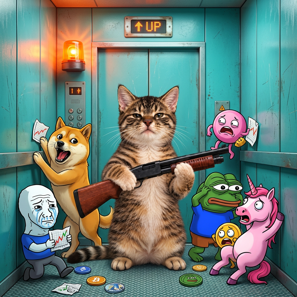 Pump Cat standing inside an elevator