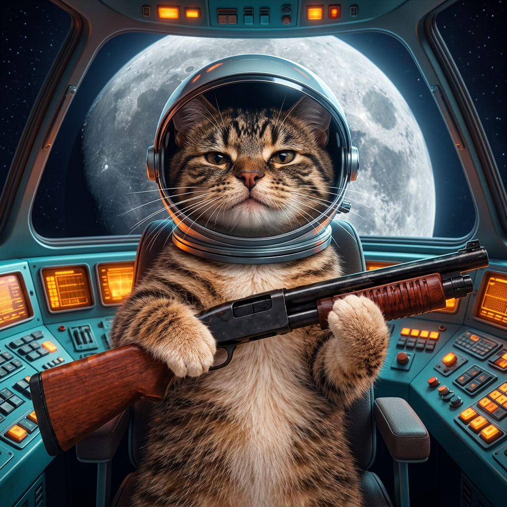 Pump Cat standing on the moon with a pump-action gun