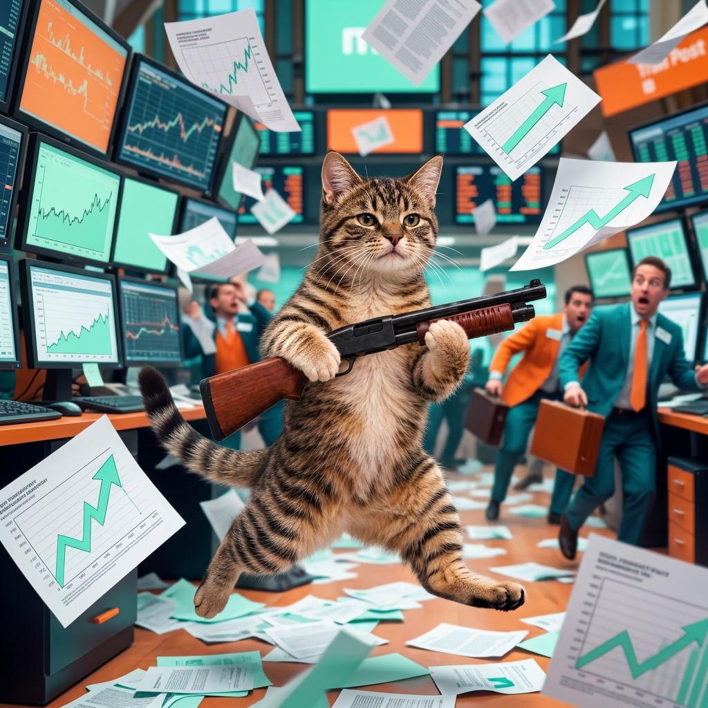 Pump Cat running through a trading floor