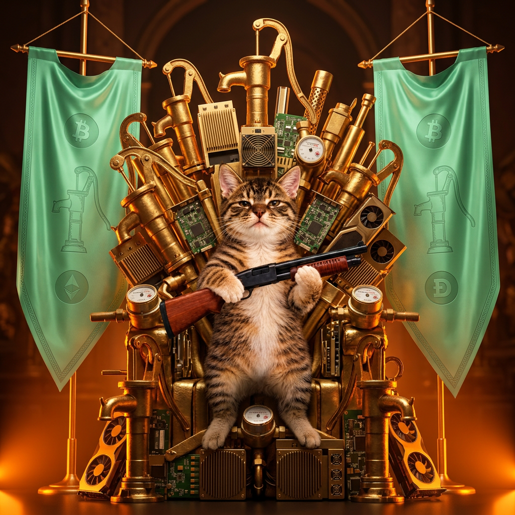 Pump Cat seated on a royal throne